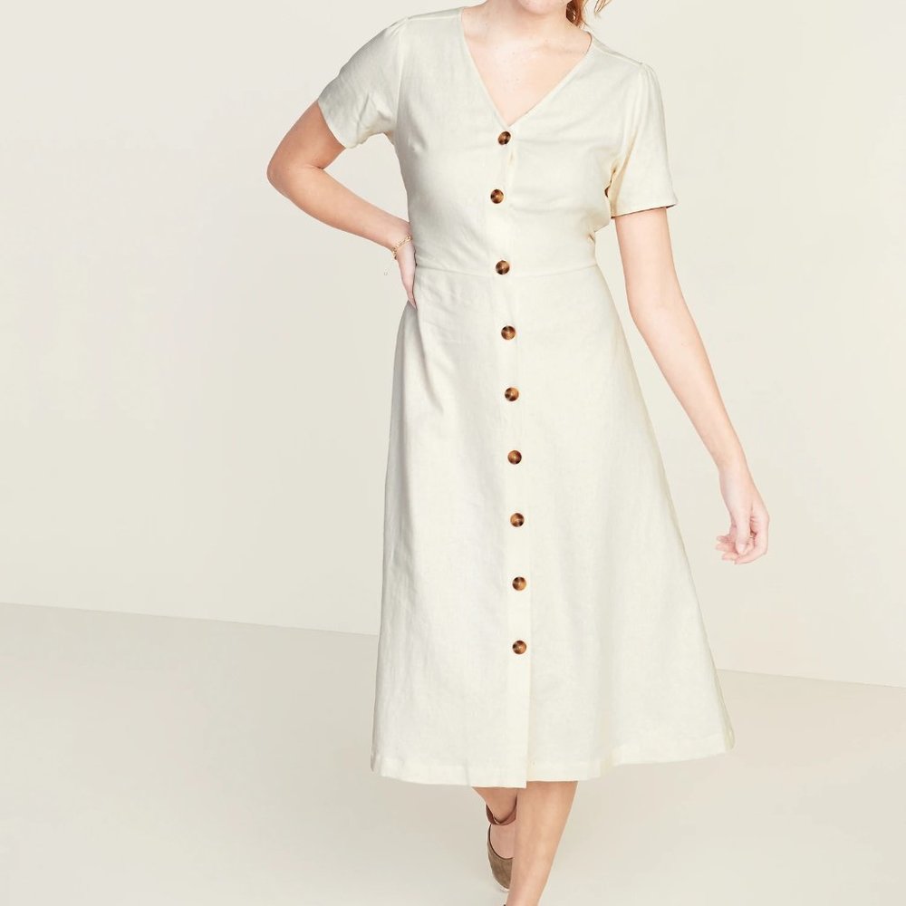 OLD NAVY Women's XS Fit & Flare Button-Front Linen-Blend Midi Dress Reta…